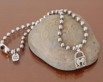 Sterling silver Plated Ball Chain Necklace: Padlock Pendant, Unique Closure