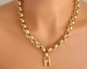 18k Gold Plated Chunky Link Chain Necklace with Padlock