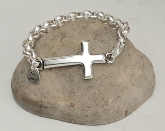 Sterling Silver Plated Cross Bracelet: Chunky Rolo Chain Unisex Design