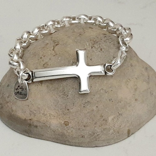 Bracelet croix plaqué argent sterling : grosse chaîne rolo, modèle unisexe