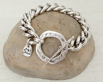 silver bracelet for woman large toggle bracelet chunky chain curb silver plated high quality easy to wear best gift for woman.