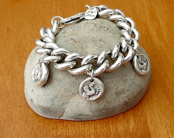 Silver bracelet for woman chunky chain silver and coins lobster closure great on small wrist or large wrist best gift for her