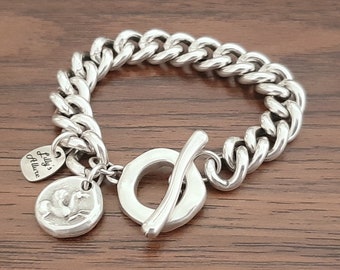 silver chain bracelet for woman heavy silver chain  curb sterling  silver plated high quality Pegasus charm toggle  large sizes available