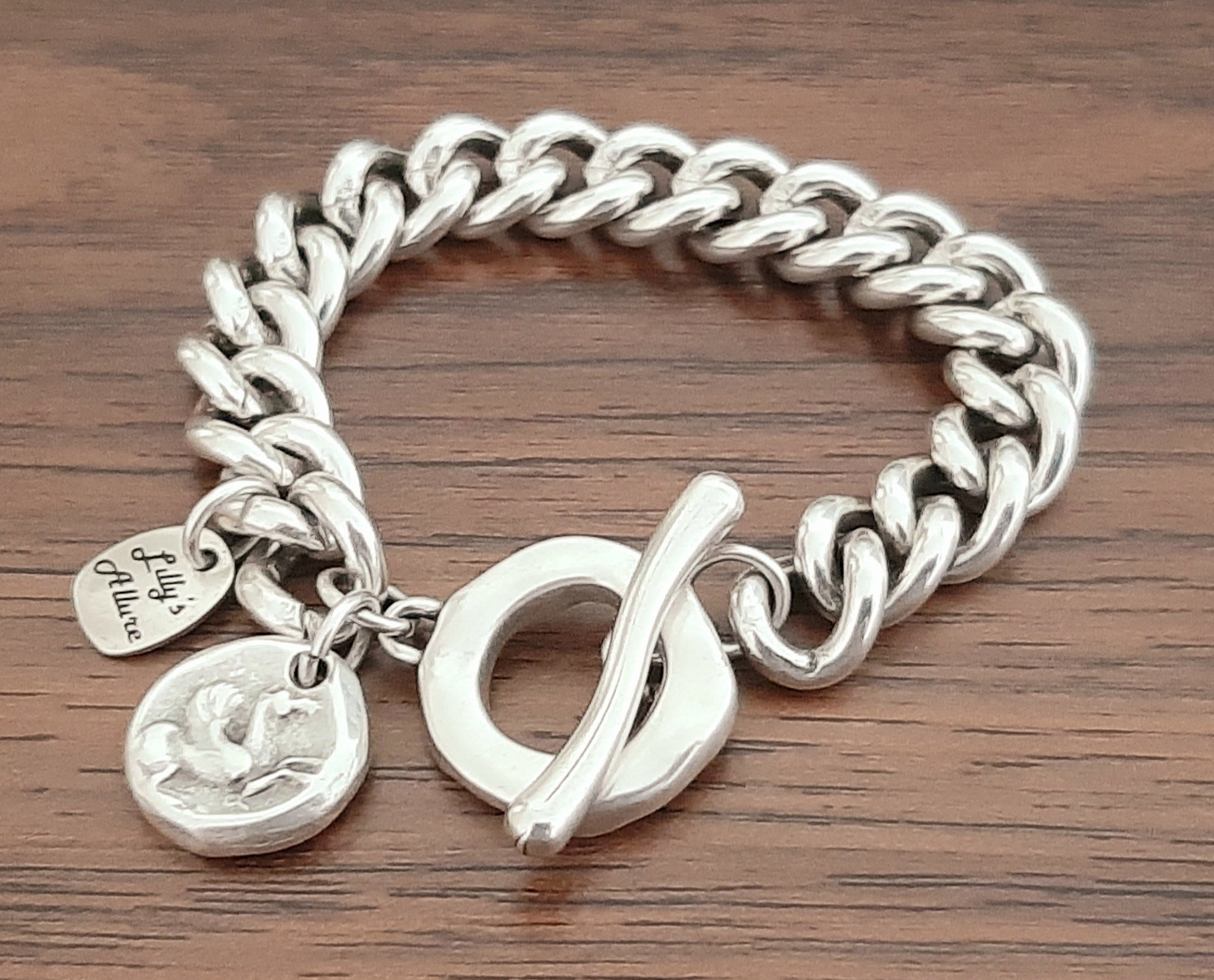 Chunky Sterling silver Plated Curb Chain Bracelet: Pegasus Charm, Large Sizes