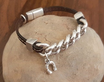 Chain & link bracelet silver and leather chunky chain bangle style best gift for everyone best for father's day