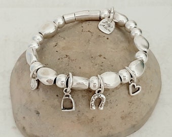 stackable Sterling silver Plated Equestrian Charm Bracelet: Horseshoe Jewelry Gift