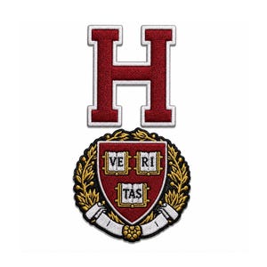 May include: A maroon and white embroidered letter H patch positioned above a circular embroidered emblem featuring a maroon shield with three open books, the text VERI TAS, gold laurel leaves, and a white banner on a black background.