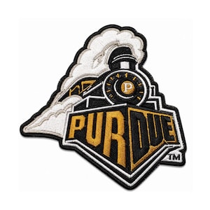 May include: An embroidered patch featuring a black and gold steam locomotive train design with white smoke billowing from the stack. The word PURDUE is stitched in bold gold letters across the front, with a small letter P inside a circle.