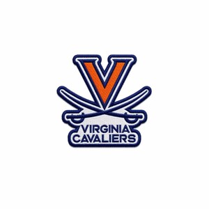 May include: An embroidered patch featuring the Virginia Cavaliers logo with a large orange letter V centered behind two crossed white sabers with dark blue outlines. The text VIRGINIA CAVALIERS is embroidered in dark blue on a white background.
