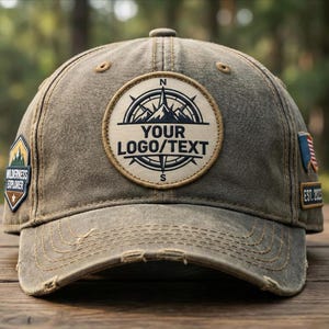 May include: A distressed olive green baseball cap with a curved brim. The cap features a large circular patch with a compass and mountain design, and the text "YOUR LOGO/TEXT". Additional patches include "WILDERNESS EXPLORER" and a small American flag.