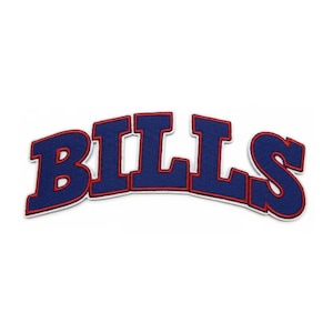 May include: A blue patch with the word "BILLS" in bold, arched lettering. The letters are outlined in red and have a white border, set against a white background. The patch is likely for apparel.