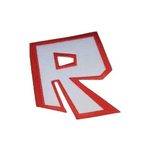 May include: Embroidered patch featuring the letter "R" in white with a red border. The design has a distinctive, slightly angled shape. The patch is likely for clothing or accessories.