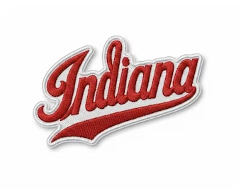 May include: Embroidered patch featuring the word "Indiana" in a cursive, red font with a white outline. The patch has a white background and a curved, angled design, suitable for application on clothing or accessories.