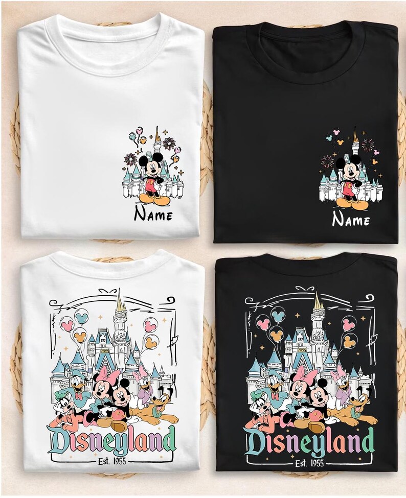 May include: Four t-shirts in white and black featuring Disney character graphics. Two shirts show Mickey Mouse with a castle and the text Name. Two shirts show Mickey, Minnie, Donald, Daisy, and Pluto with a castle and the text Disneyland Est. 1955.