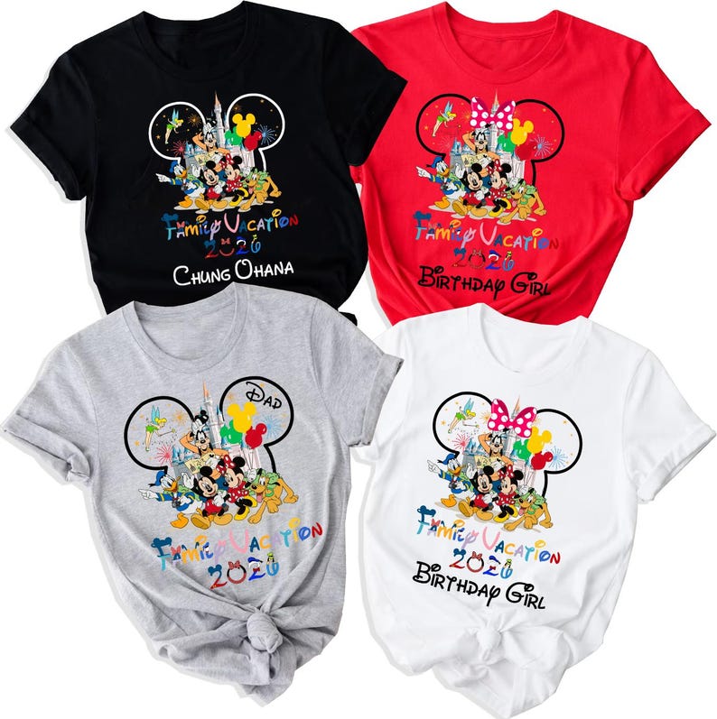 May include: Four short-sleeved t-shirts in black, red, gray, and white. Each features a graphic of Disney characters inside a Mickey Mouse ear silhouette, with the text "FAMILY VACATION 2020" and personalized names like "CHUNG OHANA" or "BIRTHDAY GIRL".