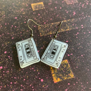 Custom “mix tape” hand drawn cassette dangle earrings