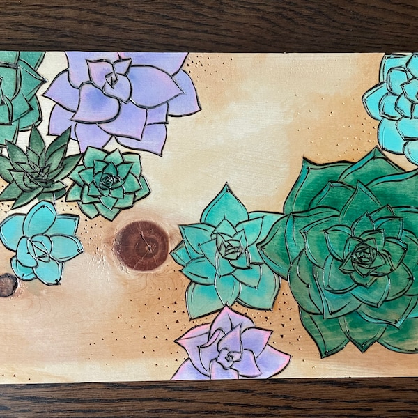 Large wood burned painting: chicks and hens succulents with sand/wood background