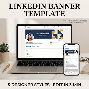 May include: A laptop and smartphone displaying a LinkedIn profile template. The laptop screen shows a profile with a navy and gold banner. The text "LINKEDIN BANNER TEMPLATE" is at the top. The image also includes a pen, glasses, and a small plant.