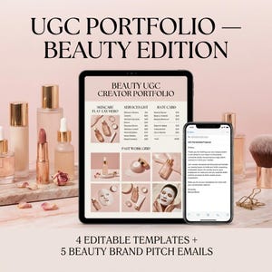 Può includere: Un modello di portfolio UGC digitale per marchi di bellezza, visualizzato su un tablet e uno smartphone. Il tablet mostra un listino prezzi e una griglia di lavori passati. Il telefono mostra una proposta. L'immagine include prodotti di bellezza e il testo "4 Modelli Modificabili + 5 E-mail di Pitch del Marchio di Bellezza."