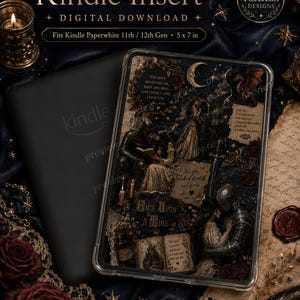 May include: A digital download Kindle insert for Kindle Paperwhite 11th and 12th Gen measuring 5 x 7 inches. The insert features a dark, fantasy-themed collage with knights, a crescent moon, open books, roses, and the text Once Upon A Time.