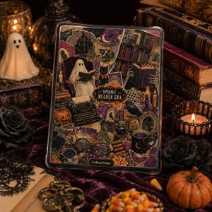 May include: A clear tablet case featuring a collage of dark academia and Halloween imagery, including a ghost reading a book, a typewriter, a black cat, a raven, pumpkins, and candles. The text "SPOOKY READER ERA" is printed in the center.