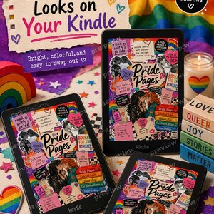 May include: Three Kindle e-readers display a colorful sticker design titled Pride Pages, featuring illustrations of couples, rainbow hearts, and text like Read With Pride, Booked For The Romance, and Queer Joy, surrounded by scattered star confetti.