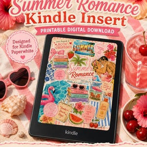 May include: A black Kindle e-reader displaying a digital collage titled Summer Romance, featuring tropical imagery, beach items, and romantic text. The screen shows a vibrant collection of stickers including palm trees, a couple, and fruit.