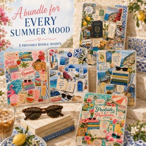 May include: Five rectangular Kindle inserts featuring collage designs with summer themes, including travel stamps, coastal landscapes, books, sunglasses, and floral motifs. The text reads A bundle for EVERY SUMMER MOOD, 5 PRINTABLE KINDLE INSERTS.