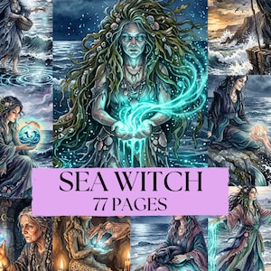 May include: A digital art print featuring multiple images of sea witches. The artwork showcases various scenes of mystical figures with long hair, flowing robes, and magical elements. The text "SEA WITCH 77 PAGES" is displayed on a pink banner.