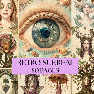 Op de afbeelding: Een verzameling retro surrealistische kunstprints. De afbeeldingen tonen dromerige portretten, oceaanscènes en elementen geïnspireerd door de natuur. De tekst "RETRO SURREAL" en "80 PAGES" staat op een paarse banner.