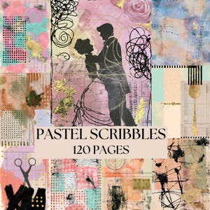 Op de afbeelding: Een collage van mixed media kunst met een romantisch thema. De afbeelding toont een silhouet van een dansend stel, bloemaccenten en de tekst "PASTEL SCRIBBLES 120 PAGES". Het kleurenpalet omvat roze, goud en teal.