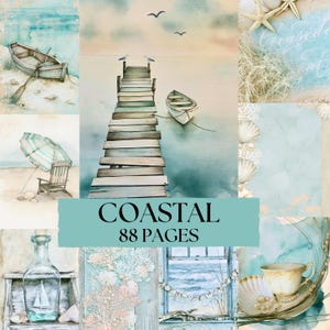 May include: A collage of watercolor images with a coastal theme. Includes a wooden dock, boats, seashells, a beach chair with an umbrella, and a bottle with a sailboat inside. The text "COASTAL 88 PAGES" is displayed.