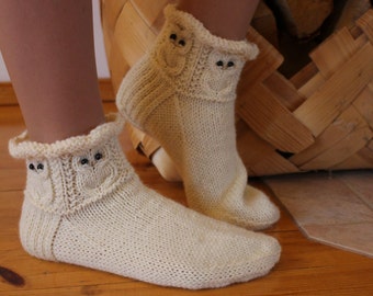 Snow owls - Socks/ slippers Womens Mens Warm cosy wool socks natural white Handknitted Gift idea Winter Home relax warm Handmade in Finland