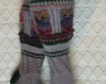 Fairytale forest - Long kneehigh Wool socks 'Satumetsä' Womens Girls hand knitted Winter Big size Warm Cosy Gift idea Handmade in FINLAND