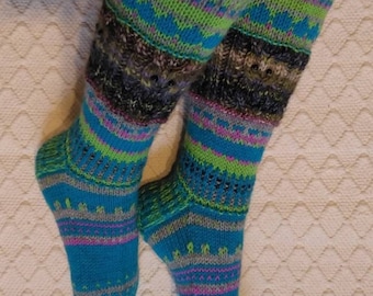 Fairy-tale land VII Long knee high Wool socks Satumaa VII Womens Girls hand knit Multicolor Winter Big Warm Cosy Gift Handmade in FINLAND