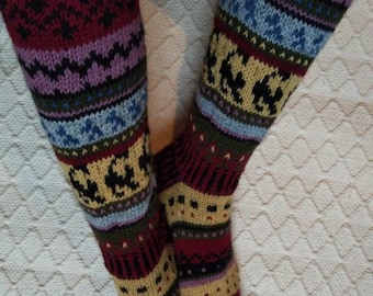 Long wool socks knee high Taikaniitty 'Magic meadow' Womens Girls hand knit Boot Multicolor Winter Big Warm Cosy Gift Handmade in FINLAND