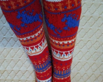 Circus fanfare - Sikusfanfaari Long knee high Wool socks Women Girl hand knit red multicolor Winter Big Warm Cosy Gift Handmade in FINLAND