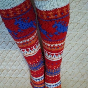 Circus fanfare - Sirkusfanfaari Long knee high Wool socks Women Girl hand knit red multicolor Winter Big Warm Cosy Gift Handmade in FINLAND