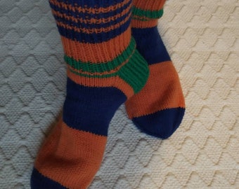 Wool socks mens Big size boot SOCKS blue green orange stripe Handknitted Warm Durable Cozy winter Gift idea Handmade in  FINLAND