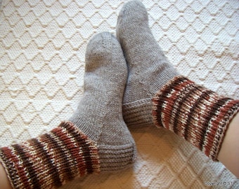 Big size mens BOOT SOCKS warm gray with browns Hand knitted Warm Durable Cozy wool Gift idea Handmade in  FINLAND