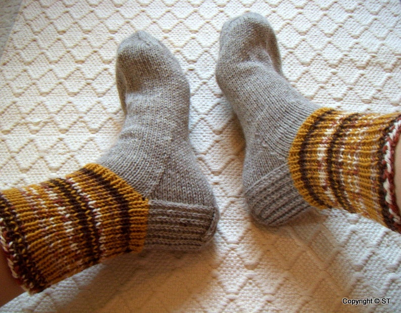 Wool socks mens Big size Boot socks warm gray with mustard yellow browns Hand knitted Warm Durable Cozy wool Gift idea Handmade in FINLAND