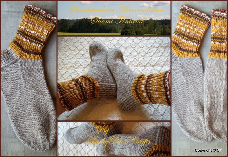 Wool socks mens Big size Boot socks warm gray with mustard yellow browns Hand knitted Warm Durable Cozy wool Gift idea Handmade in FINLAND