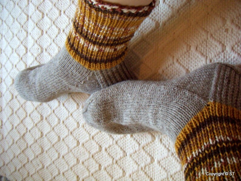 Wool socks mens Big size Boot socks warm gray with mustard yellow browns Hand knitted Warm Durable Cozy wool Gift idea Handmade in  FINLAND