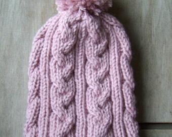 Pom pom hat - Bridget - Chunky yarn soft woolly hat Slouch Big cabel knit Soft pink with shimmer Handknitted wool hat Handmade in Finland