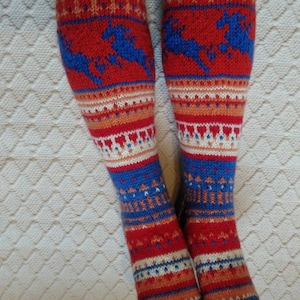 Circus fanfare II- Sirkusfanfaari II Long knee high Wool socks Women Girl hand knit multicolor Winter Big Warm Cosy Gift Handmade in FINLAND