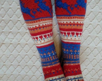 Circus fanfare II- Sikusfanfaari II Long knee high Wool socks Women Girl hand knit multicolour Winter Big Warm Cosy Gift Handmade in FINLAND