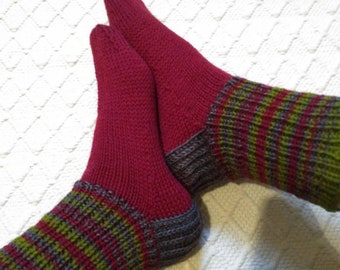 Wool socks Boys Womens Girls Warm durable cozy handknit dark red multi color boot socks big size warm winter Gift idea Handmade in FINLAND