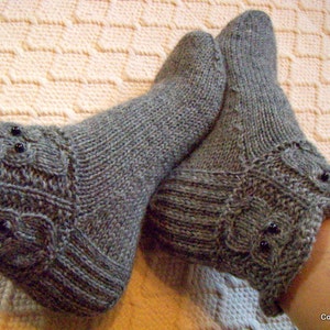 Gray owls -Socks/slippers Womens Mens Warm cosy wool socks dark gray Handknitted Gift idea Winter Machine washable wool Handmade in Finland