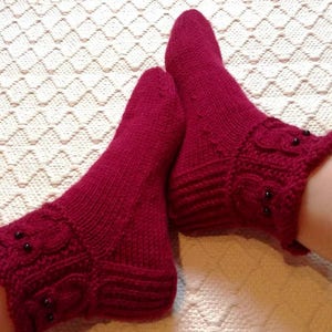 Red owls - Socks slippers Womens Mens Warm cosy dark red wool socks  Handknitted Gift idea Machine washable wool Handmade in Finland
