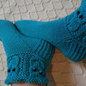 Turquoise owls- Socks slippers Womens girls boys Warm cosy wool socks  Handknitted Gift idea Winter Machine washable Handmade in Finland